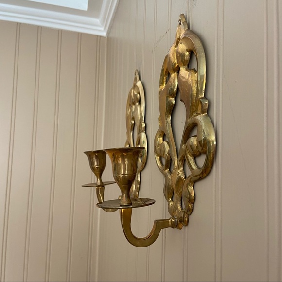 Two BRASS Mid-Century Art Nouveau Candlestick Wall Sconces - Picture 2 of 7